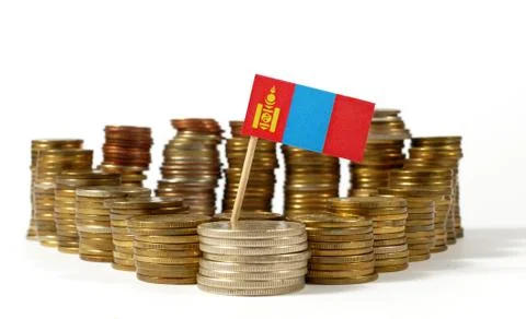 Mongolia flag waving with stack of money coins Stock Photos