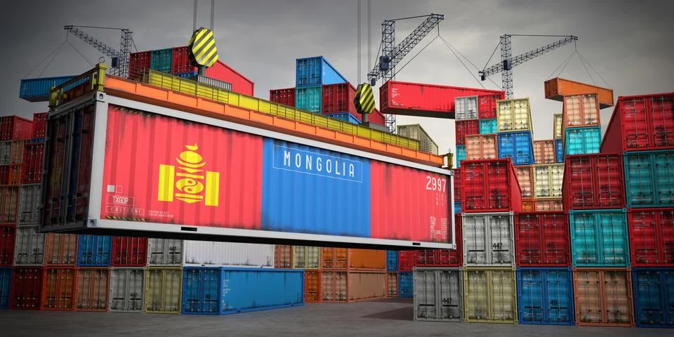Mongolia - freight container in cargo terminal - 3D illustration Stock Illustration