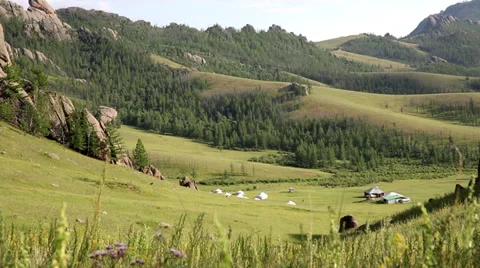 Mongolia landscape with yurts Stock Footage 33078328