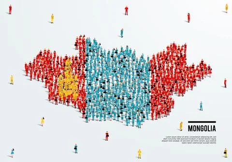 Mongolia Map and Flag. A large group of people in the Mongolian flag color. Stock Illustration
