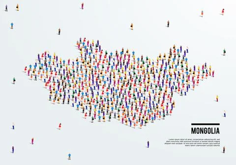 Mongolia Map. Large group of people form to create a shape of Mongolia Map. Stock Illustration
