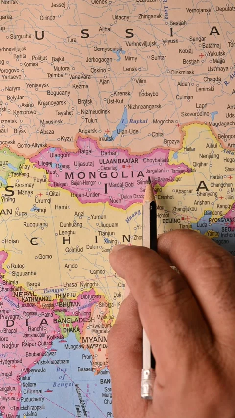 Mongolia on Map – Pencil Pointing Location Vertical Video stock 329348654