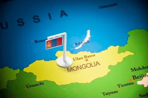 Mongolia marked with a flag on the map Stockfoto's