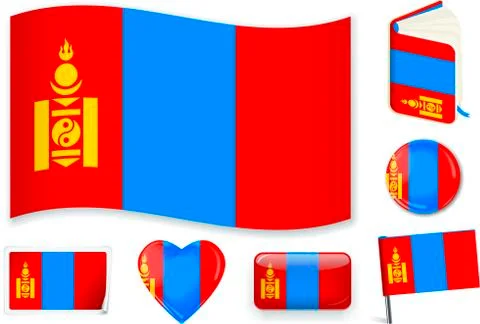 Mongolia. Mongolian flag wave, book, circle, pin, button, heart and sticker. Stock Illustration