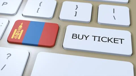 Mongolia National Flag and Button with Text Buy Ticket. 3D Illustration Concept Stock Illustration