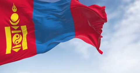 Mongolia national flag waving in the wind on a clear day Stock Footage 318667253