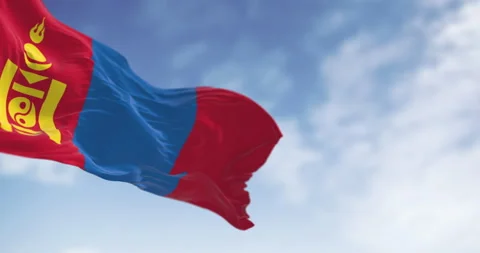 Mongolia national flag waving in the wind on a clear day Video stock 332477690