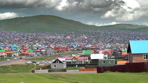 Mongolia panoramic city view with colorful roofs - Road Network and Roof Colors Stock Footage 339720776