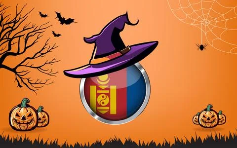 Mongolia round flag with Happy Halloween banner or party invitation backgro.. Stock Illustration