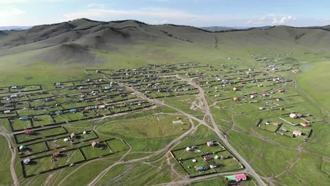 Mongolia town aerial drone view with colorful roofs - Road Network and Land Use Stock Footage 339720276