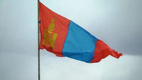Mongolian flag flies in the wind against a cloudy sky Stock Footage 116795074