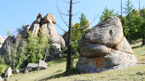 Mongolian mountain landscape with stone statues. Stock Footage 195808123