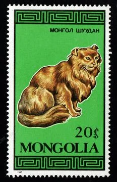 Mongolian postage stamp dedicated to thoroughbred cat. Feline Foto stock