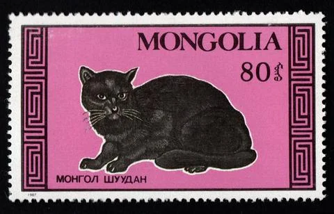 Mongolian postage stamp dedicated to thoroughbred cat. Feline Foto stock