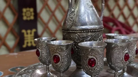 Mongolian-style Silver Cup - Wine Glass Stock Footage 333444396