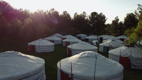 Mongolian tents side by side in a forest Stock Footage 258207497