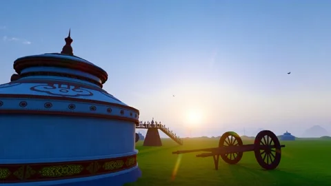 Mongolian yurts and cattle under the setting sun on the vast grassland Stock Footage 332043399