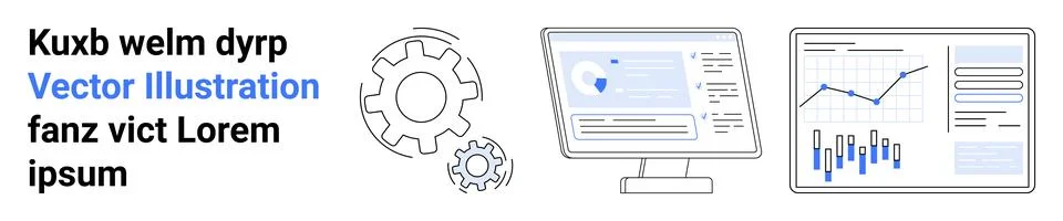 Monitor with analytics, graph charts, large gear, small gear, and text in bla Illustrazione stock