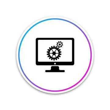 Monitor and gears icon isolated on white background. Monitor service concept Illustrazione stock