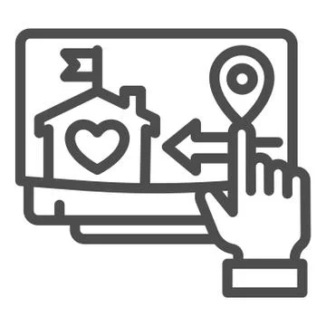 Monitor and hand pointer line icon, smart home symbol, remote delivery of goods Illustrazione stock