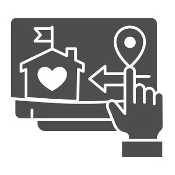 Monitor and hand pointer solid icon, smart home symbol, remote delivery of goods Illustrazione stock