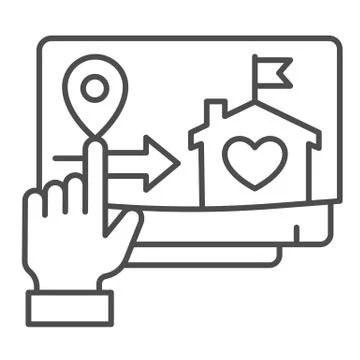 Monitor and hand pointer thin line icon, smart home symbol, remote delivery of Stock Illustration
