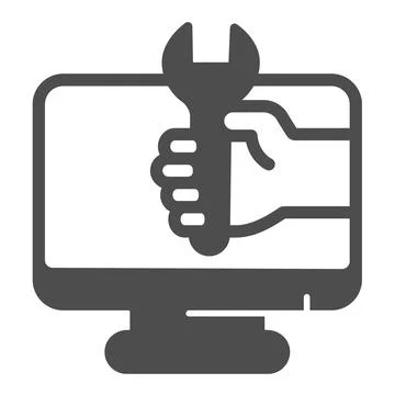 Monitor and hand with wrench solid icon, pcrepair concept, monitor wrench vector Stock Illustration