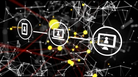 Monitor appearing 3 user icons linking while orbs drifting, mesh rotating Stock Footage 334729043