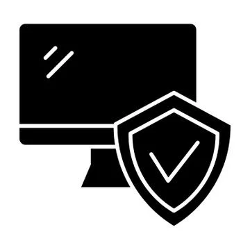 Monitor with approve checkmark in the shield solid icon. Computer with shield Stock Illustration