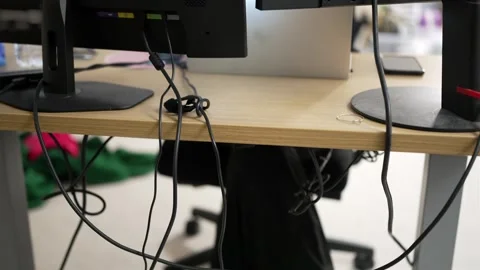 Monitor Back View with Cables on Office Desk Setup Stock Footage 303334628