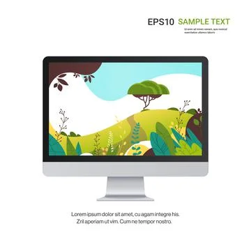 Monitor with beautiful landscape wallpaper on screen isolated on white Stock Illustration