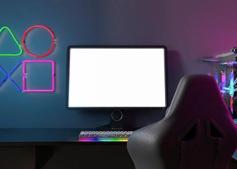 Monitor with blank white screen. Gaming at home. Computer mock up. Copy space Stock Illustration