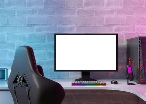 Monitor with blank white screen. Gaming at home. Computer mock up. Copy space Stock Illustration