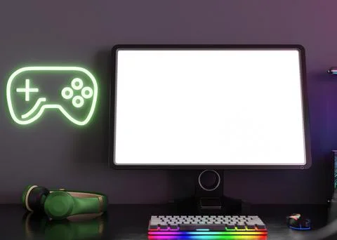 Monitor with blank white screen. Gaming at home. Computer mock up. Copy space Stock Illustration