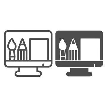 Monitor with brush, pencil and sheet line and solid icon, startup concept, tools Illustrazione stock