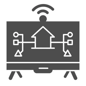 Monitor with building and connections solid icon, smart home symbol, modern Ilustración de archivo
