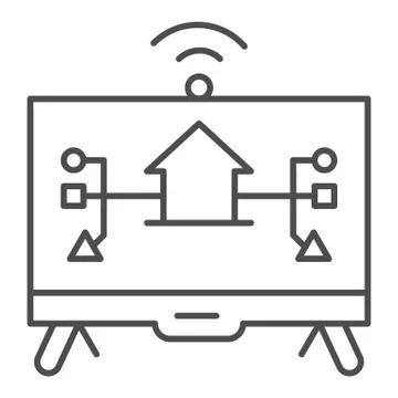 Monitor with building and connections thin line icon, smart home symbol, modern Ilustración de archivo