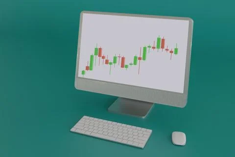 Monitor with candlestick chart, keyboard and mouse Stock Illustration
