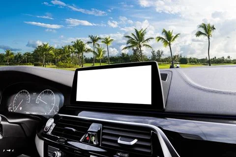 Monitor in car with isolated blank screen use for navigation maps and GPS. .. Stock Photos