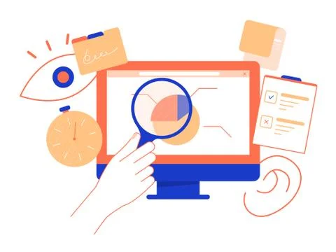Monitor with chart, hand with magnifying glass Stockillustratie