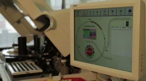 Monitor close up, analysis of blood samples, lab technician working on computer. Stock Footage 52266857