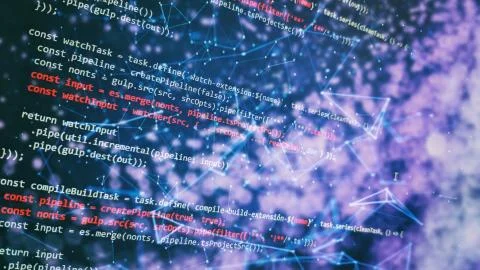 Monitor closeup of function source code. Abstract IT technology background. S Stock Photos