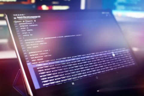 Monitor closeup of function source code. Abstract IT technology background. S Stock Photos