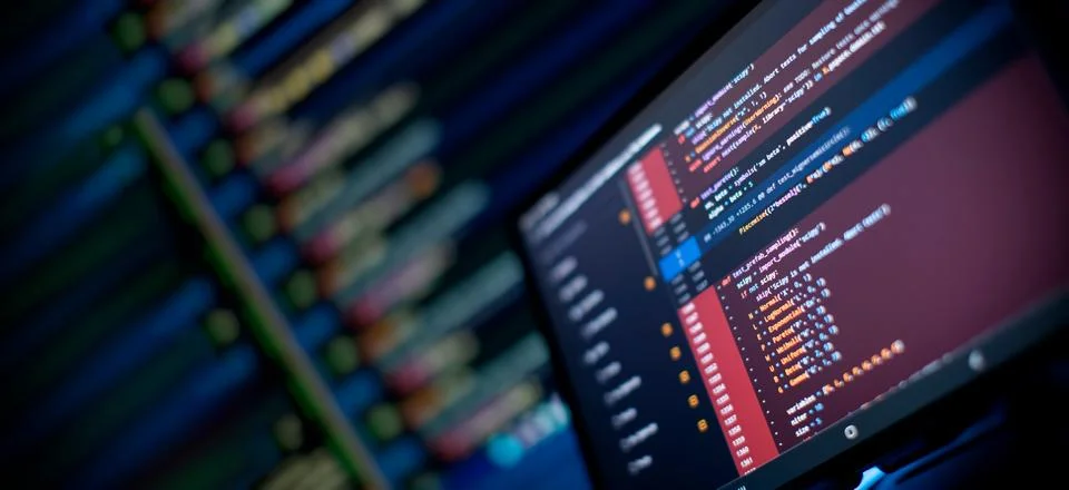 Monitor closeup of function source code. Abstract IT technology background... 스톡 사진