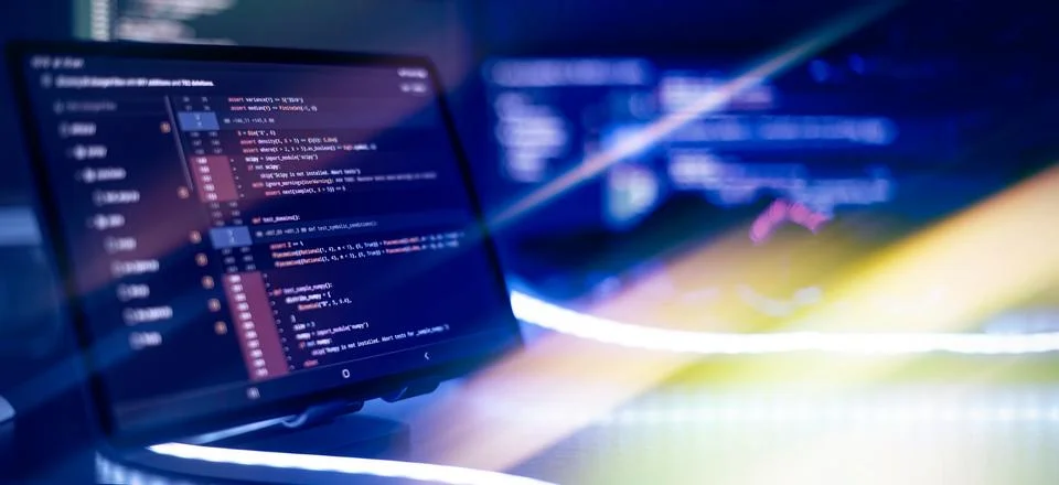 Monitor closeup of function source code. Abstract IT technology background... Stock Photos