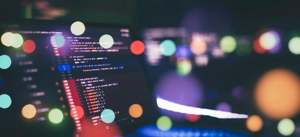 Monitor closeup of function source code. Abstract IT technology background... 스톡 사진