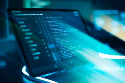 Monitor closeup of function source code. Abstract IT technology background... Foto stock