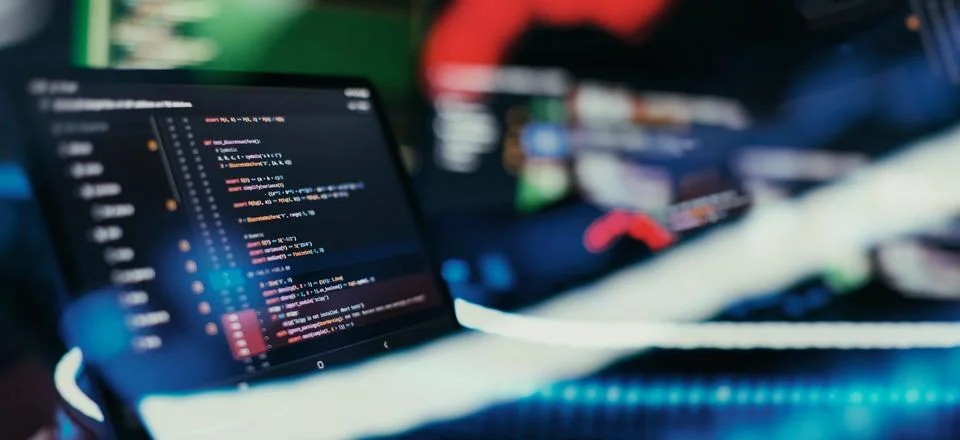 Monitor closeup of function source code. Abstract IT technology background... Foto stock