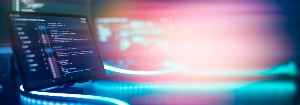 Monitor closeup of function source code. Abstract IT technology background... Foto stock