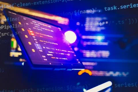 Monitor closeup of function source code. Abstract IT technology background. Foto stock